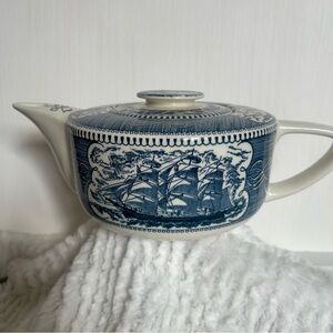 Vintage Currier & Ives Nautical Scroll Spout Teapot Clipper Ship Lighthouse USA